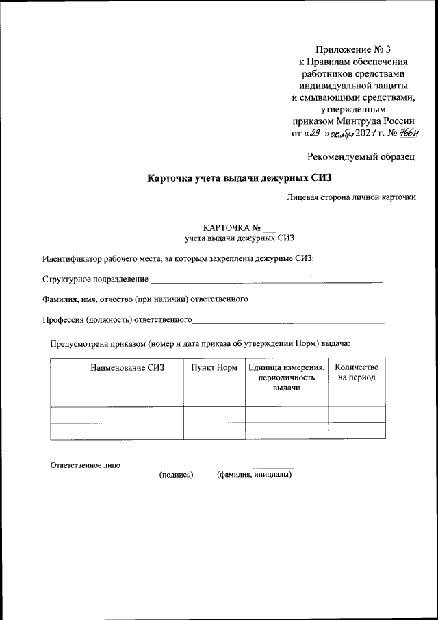 Карточка учета выдачи дежурных СИЗ