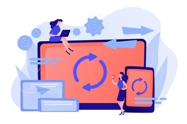 User with laptop and smartphone synchronizing. Cross-device syncing, cross-device synchronization and operation concept on white background. Pinkish coral bluevector isolated illustration