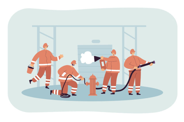 Fireman team fighting fire, rescuing people and buildings. Flat vector illustration. Team using professional equipment, observing safety measures, aiding people. Wildfire, emergency service concept